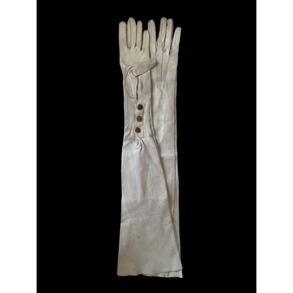 Vintage French White Kid Leather Elbow Length Opera Gloves Pearl Buttons XS